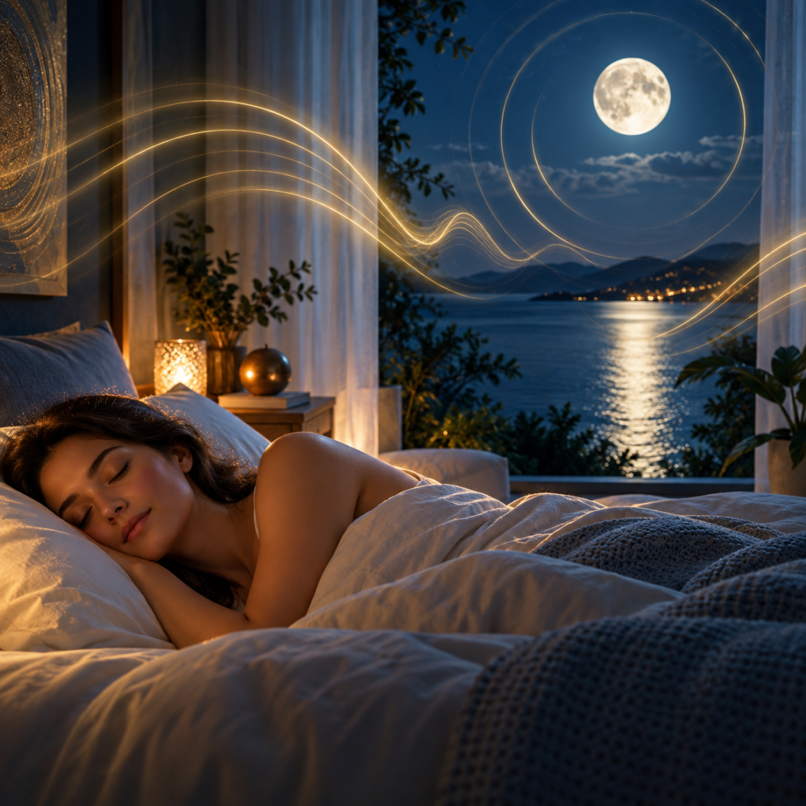 432 Hz sleep and stress relief frequency waves over a calm night scene